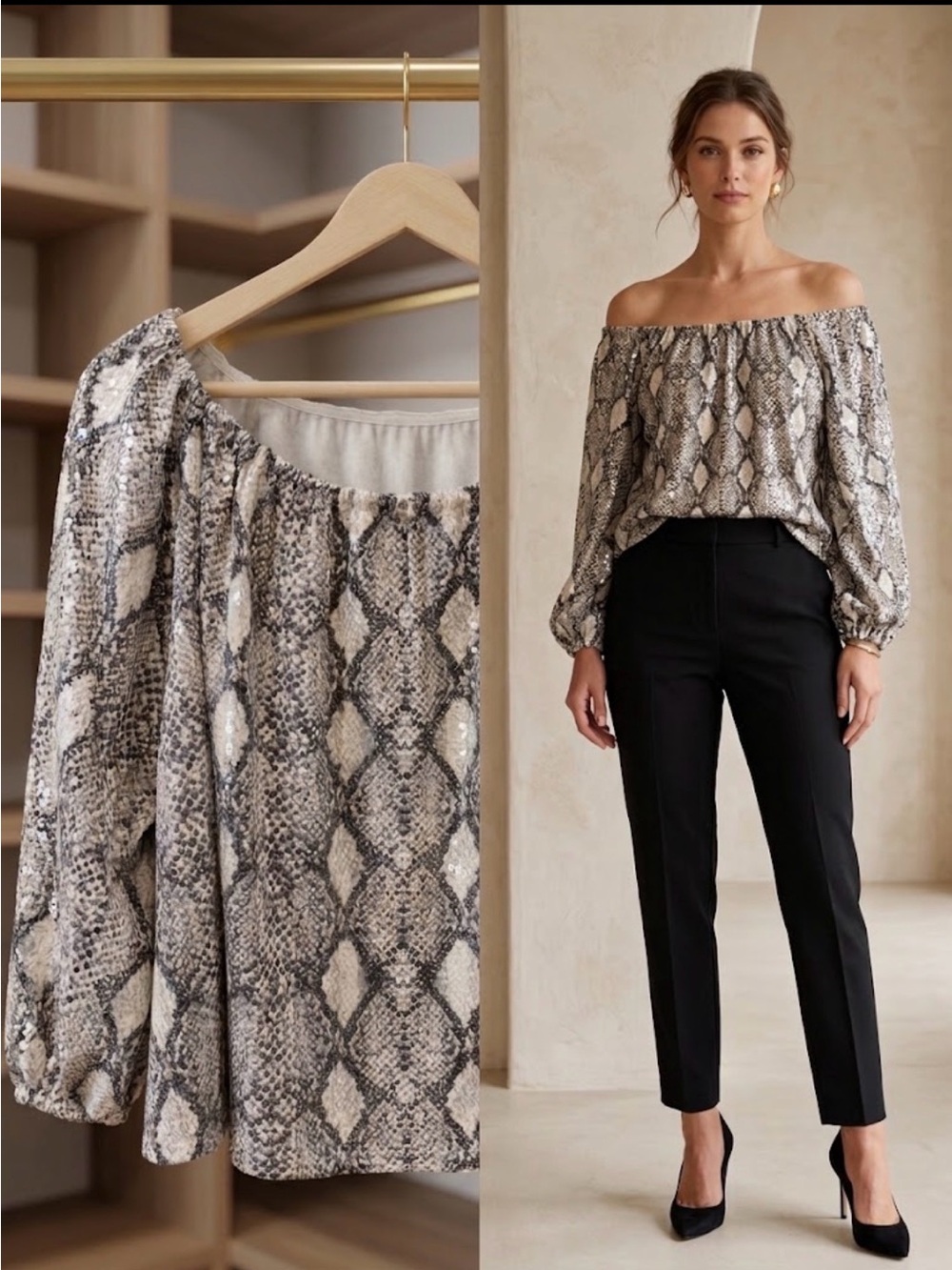 Off-Shoulder Snake Print Blouse - Gray and black all sequins
